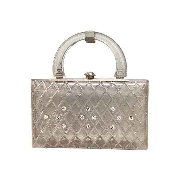 Beautiful Rare VTG 1950’ Clear Lucite Handbag Diamond Carved Inset Rhinestones - Picture 2 of 6
